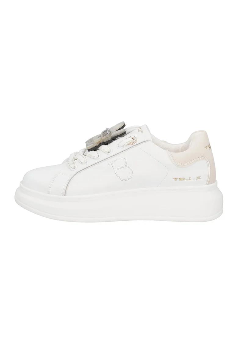Pantofi sport din piele si piele ecologica, Alb/Bej deschis