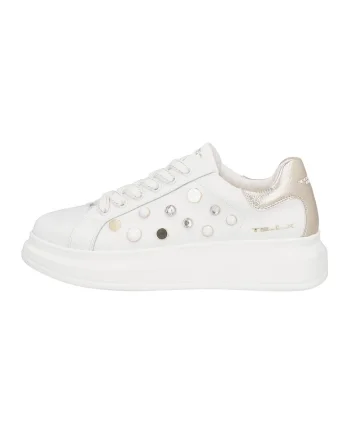 Pantofi sport din piele si piele ecologica, Alb/Auriu