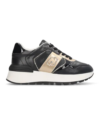 Pantofi sport din piele si piele ecologica cu talpa wedge, Auriu/Negru