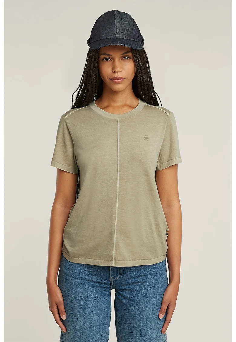 Tricou de bumbac organic cu decolteu la baza gatului, Kaki