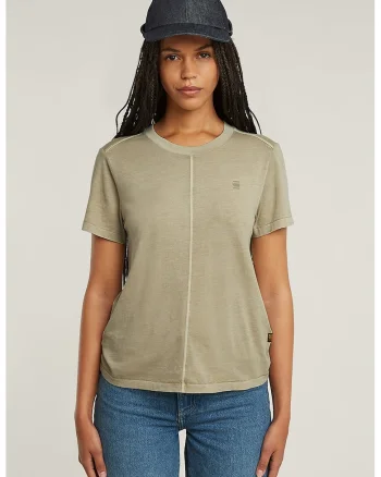 Tricou de bumbac organic cu decolteu la baza gatului, Kaki