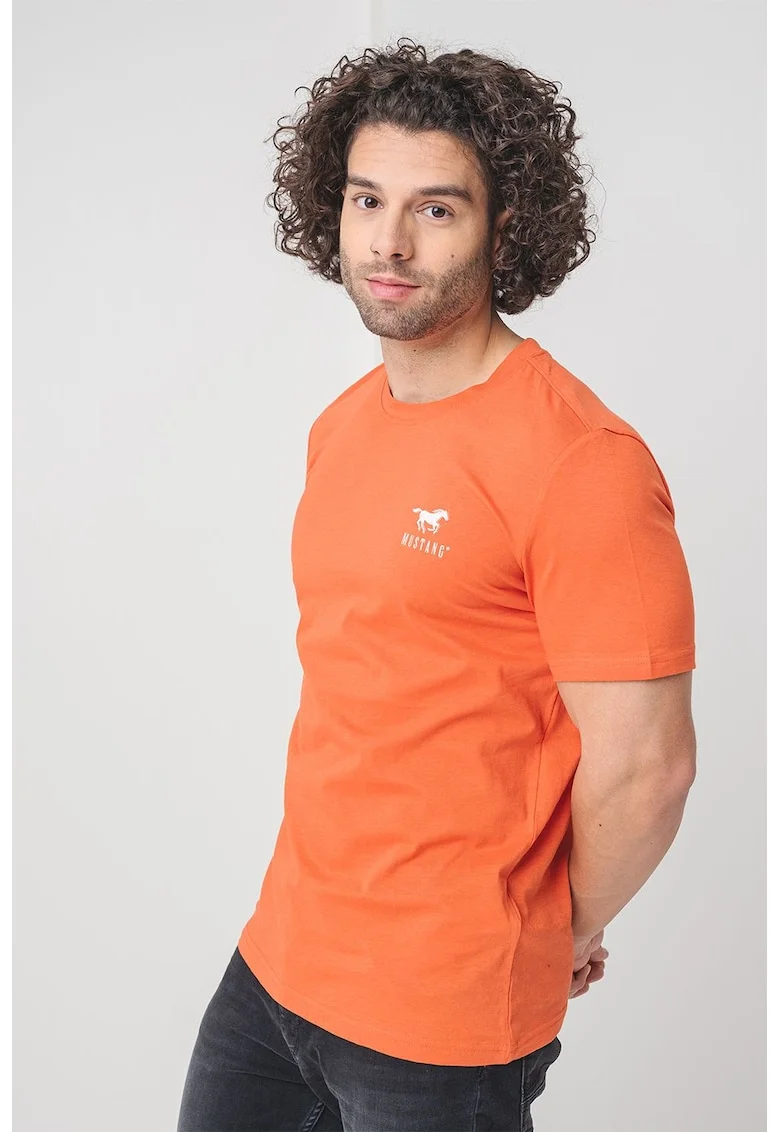Tricou de bumbac cu decolteu la baza gatului, Alb/Portocaliu stins