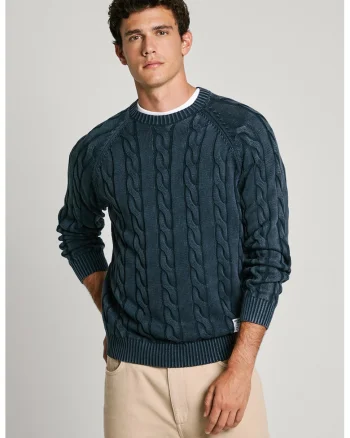 Pulover cu model torsade, Bleumarin