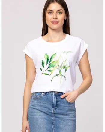 Tricou lejer din amestec de modal cu imprimeu Mona, Alb optic/Verde deschis