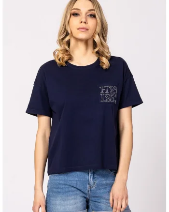 Tricou cu decolteu rotund si logo de strasuri Mirin, Bleumarin