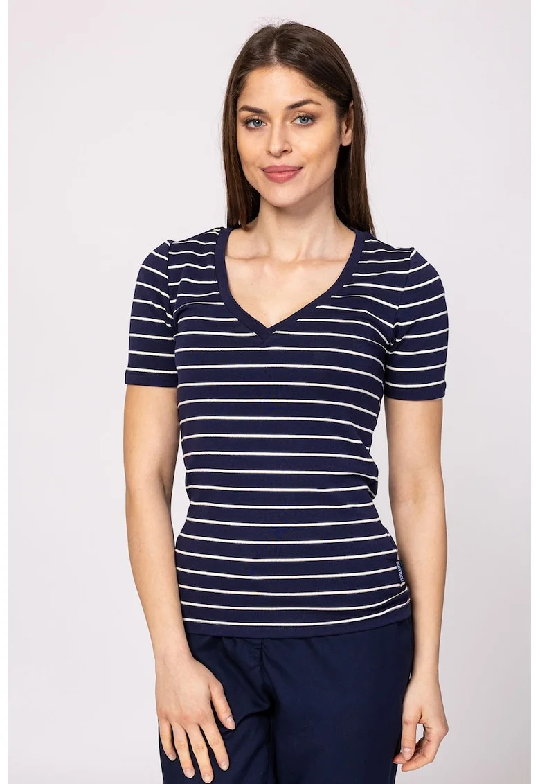 Tricou din amestec de modal cu decolteu in V si model in dungi Mistry, Alb/Bleumarin