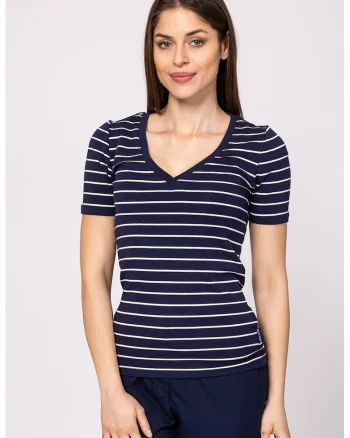 Tricou din amestec de modal cu decolteu in V si model in dungi Mistry, Alb/Bleumarin