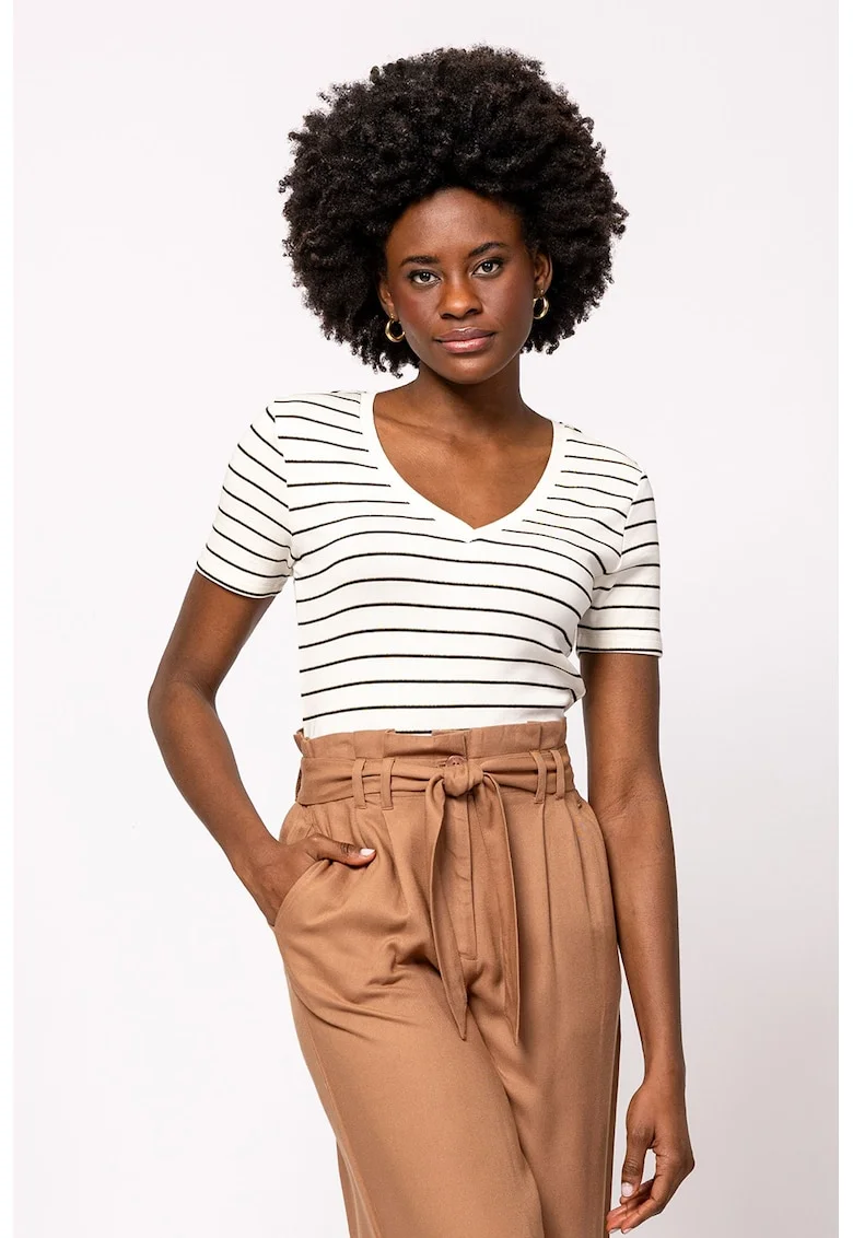 Tricou din amestec de modal cu decolteu in V si model in dungi Mistry, Negru/Alb murdar