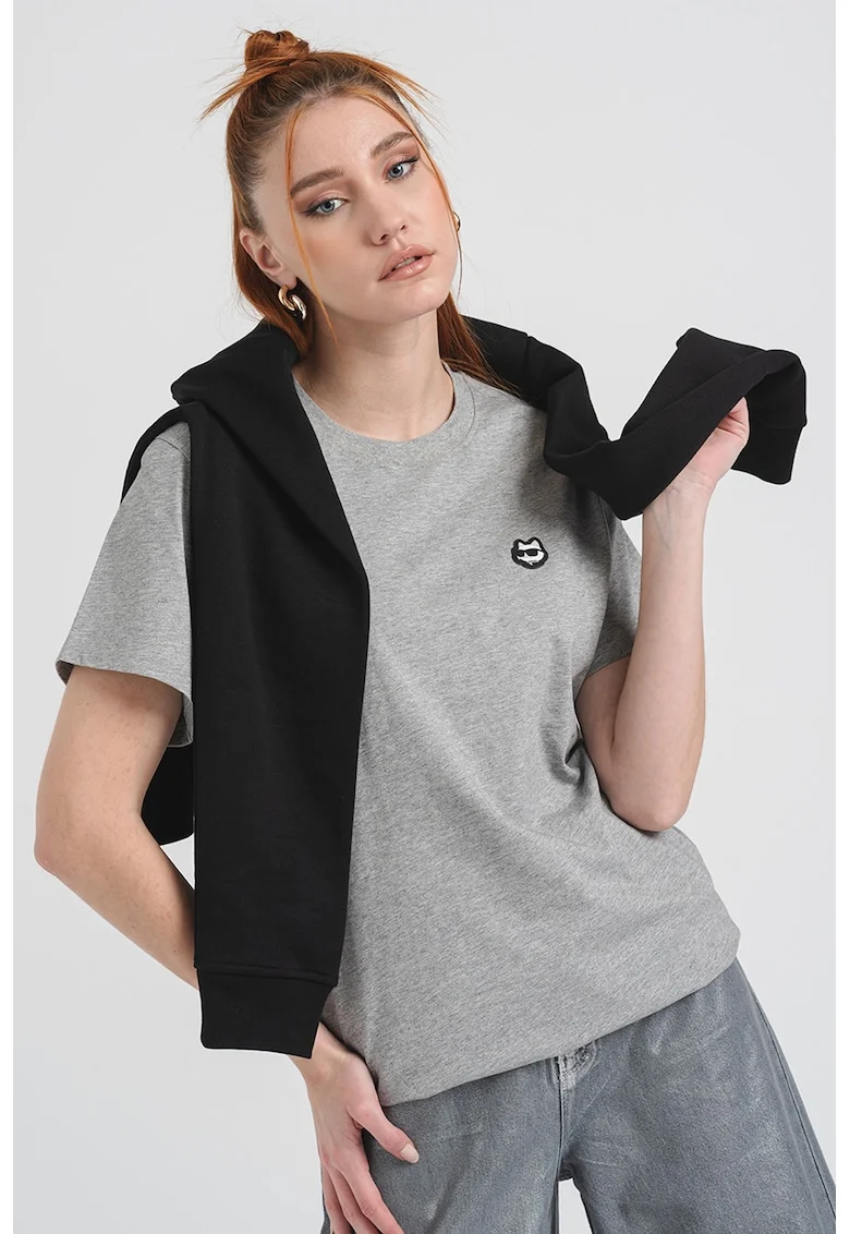 Tricou de bumbac cu decolteu la baza gatului, Gri deschis melange