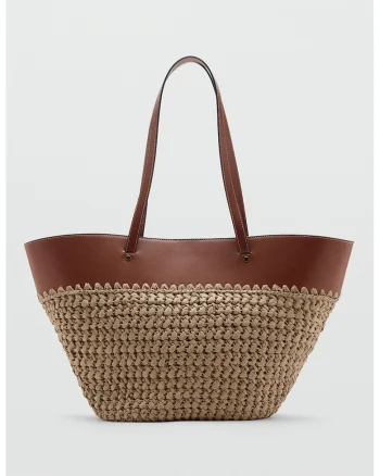 Geanta shopper din paie cu garnitura din piele ecologica, Maro/Bej