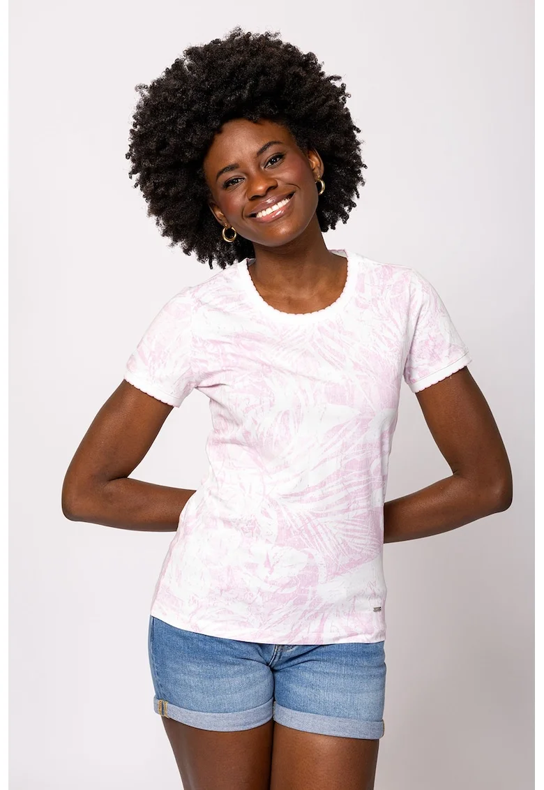 Tricou cu imprimeu si decolteu la baza gatului Metera, Alb/Roz pastel