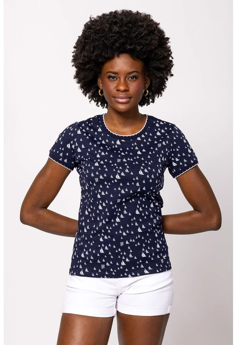 Tricou cu imprimeu si decolteu la baza gatului Metera, Alb/Bleumarin