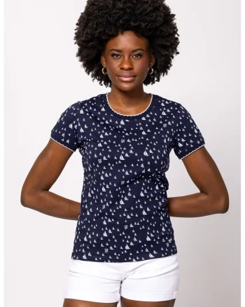 Tricou cu imprimeu si decolteu la baza gatului Metera, Alb/Bleumarin