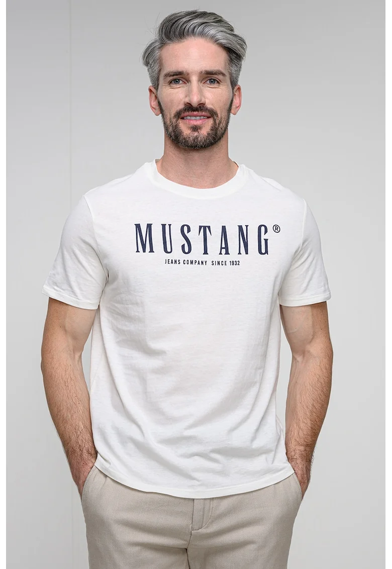 Tricou cu decolteu la baza gatului si imprimeu logo, Alb/Negru