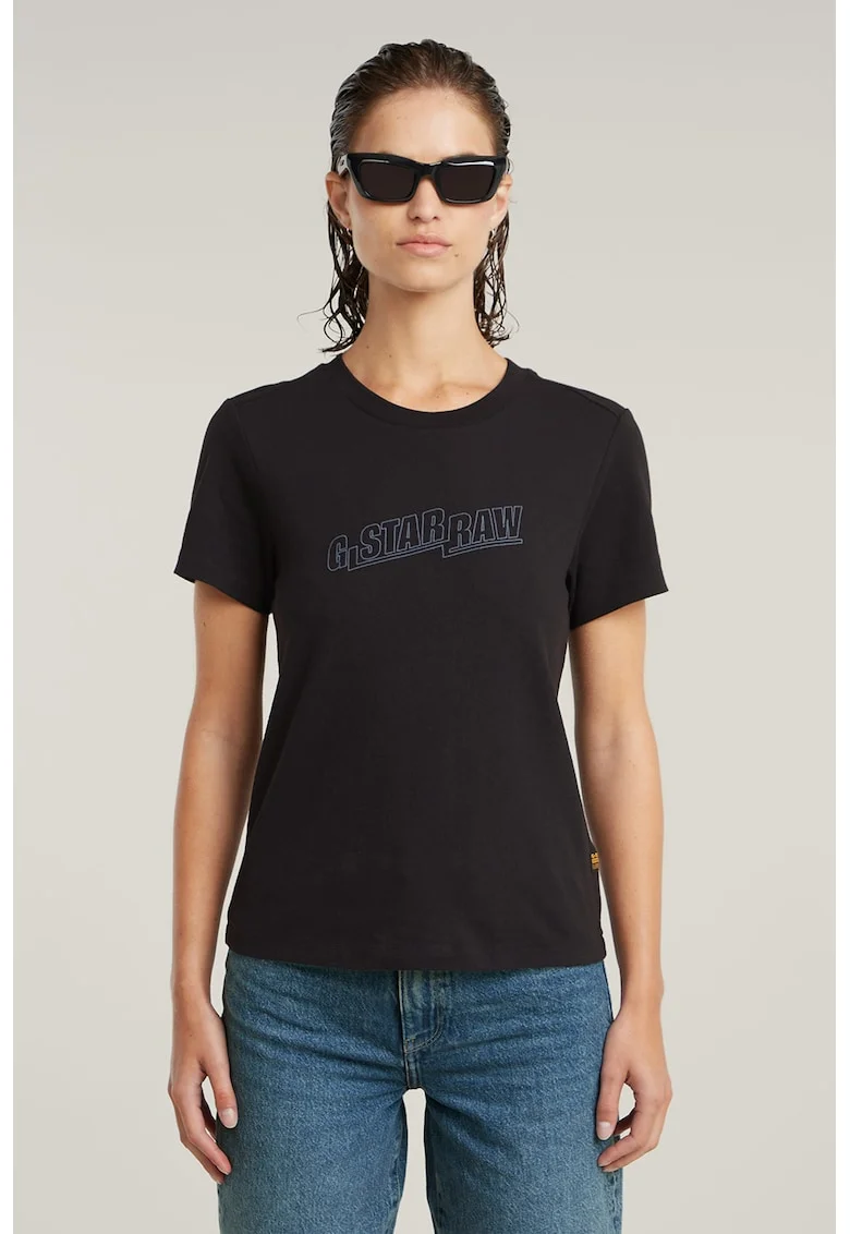 Tricou din bumbac organic cu logo, Negru/Albastru lavanda
