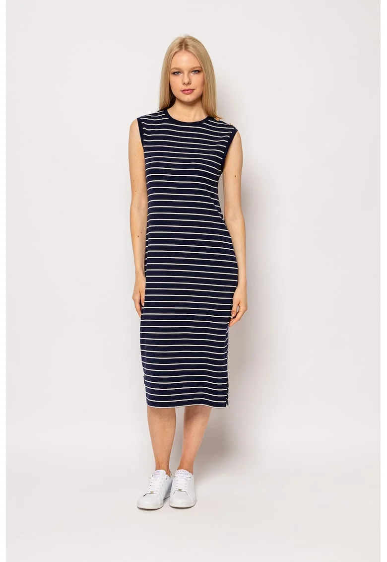 Rochie midi din amestec de modal cu model in dungi Vivero, Alb/Bleumarin