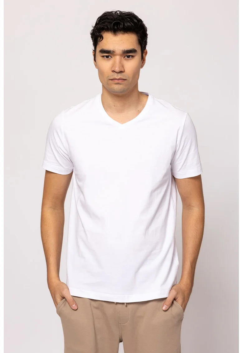 Tricou cu decolteu in V si model uni Money, Alb optic