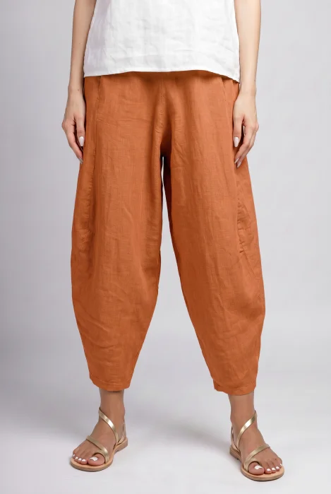 Pantaloni salvari din in cu croi lejer si volumetric, caramizii