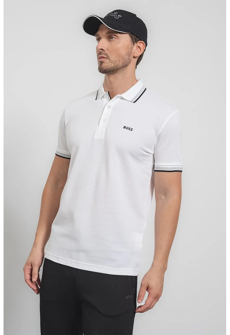 Tricou polo regular fit din bumbac pique cu margini contrastante Paddy, Alb optic