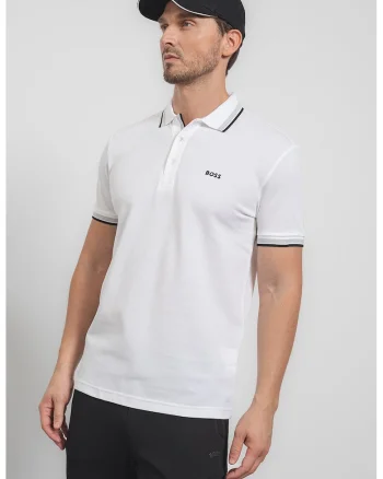 Tricou polo regular fit din bumbac pique cu margini contrastante Paddy, Alb optic