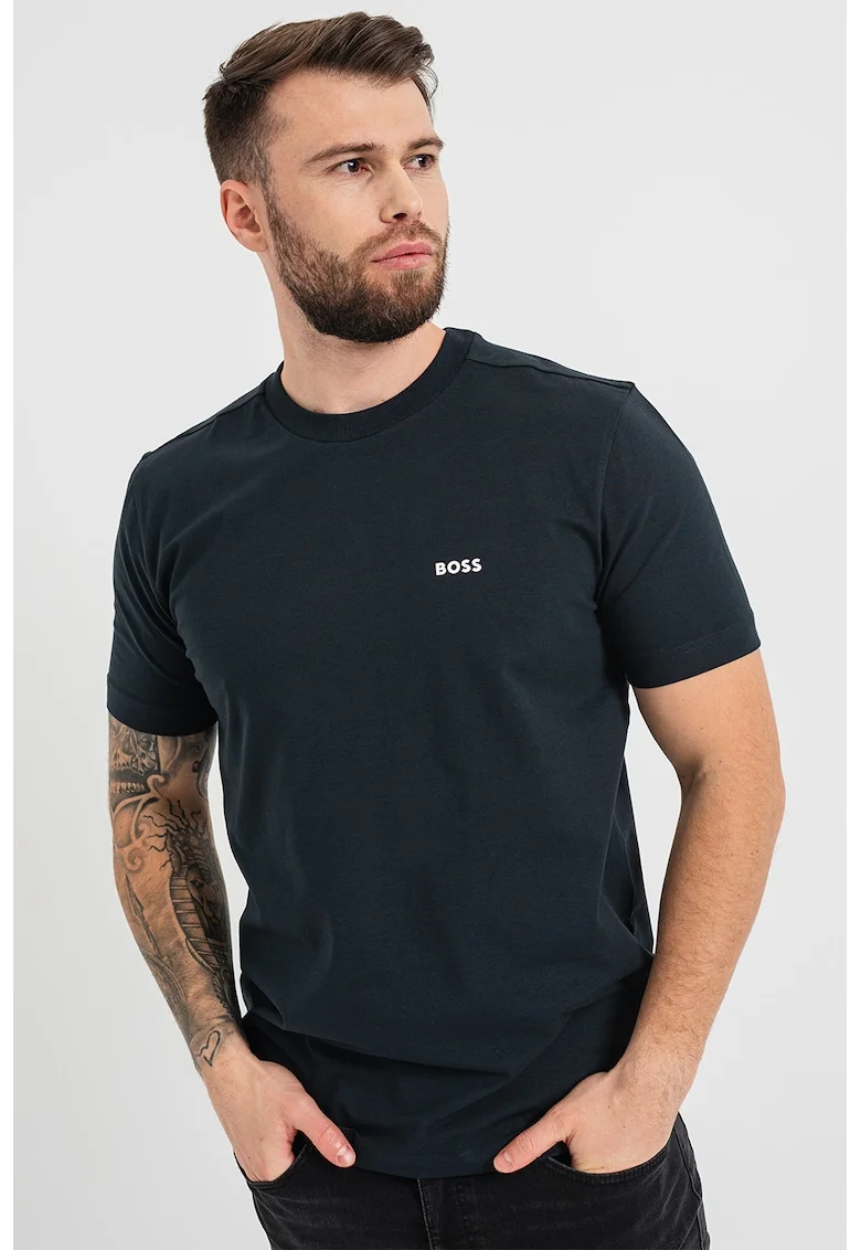 Tricou cu logo discret si decolteu la baza gatului, Bleumarin