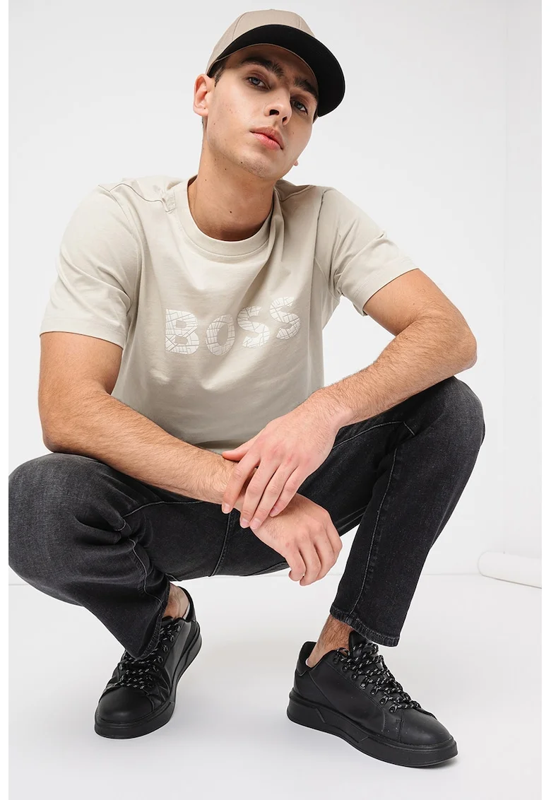 Tricou cu imprimeu logo si decolteu la baza gatului, Crem