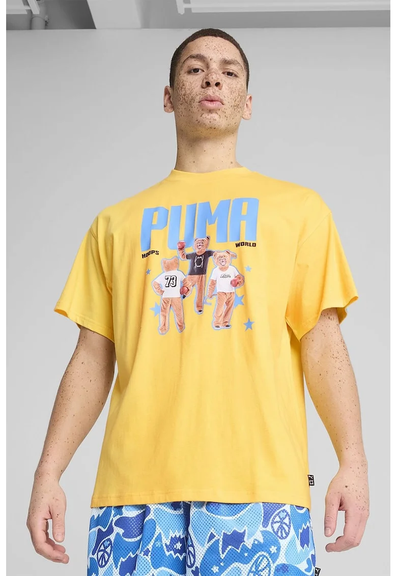 Tricou cu decolteu la baza gatului si imprimeu, Galben sofran/Albastru deschis