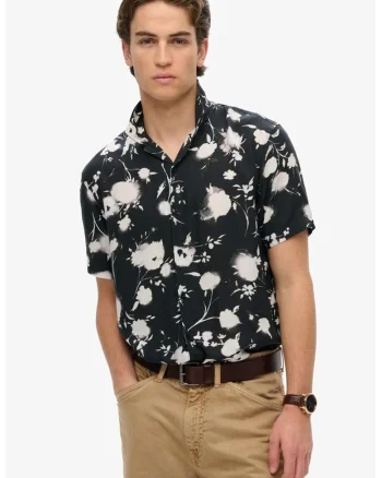 Camasa cu model floral si maneci scurte, Alb/Negru stins