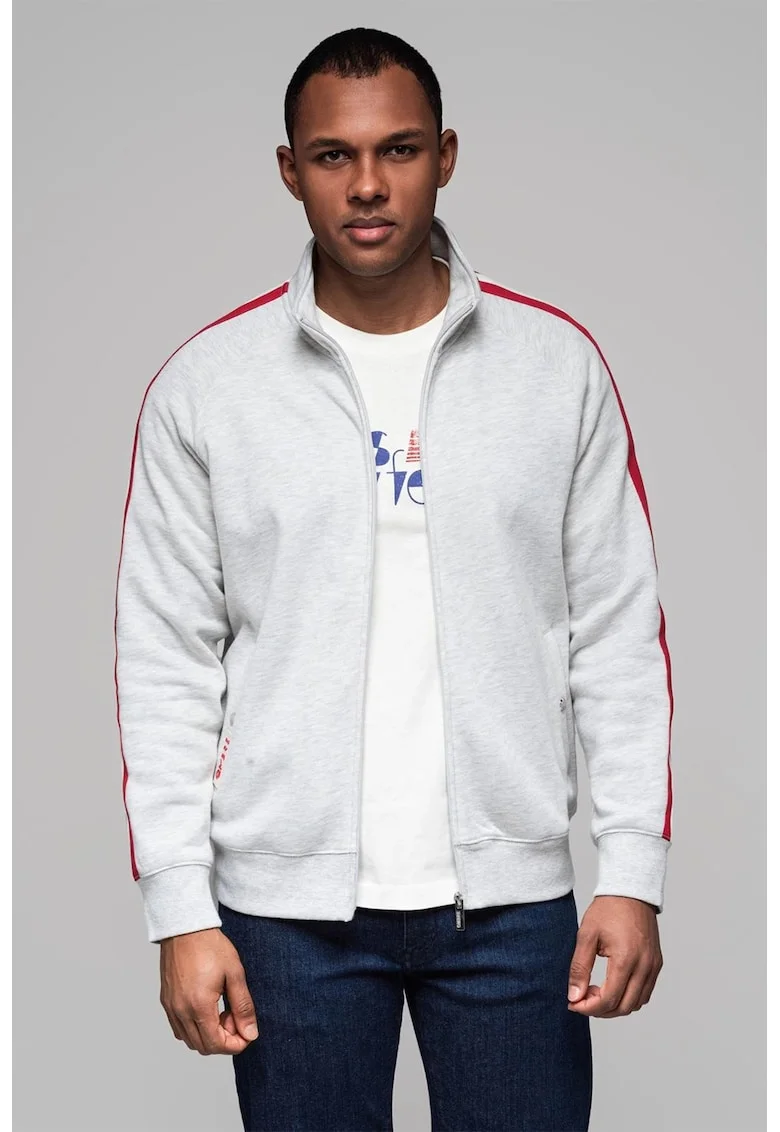Bluza de trening cu fermoar si buzunare laterale, Rosu/Gri deschis melange