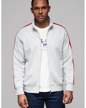 Bluza de trening cu fermoar si buzunare laterale, Rosu/Gri deschis melange