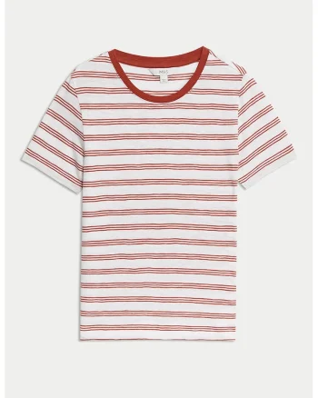 Tricou cu decolteu rotund si model in dungi, Maro/Alb murdar
