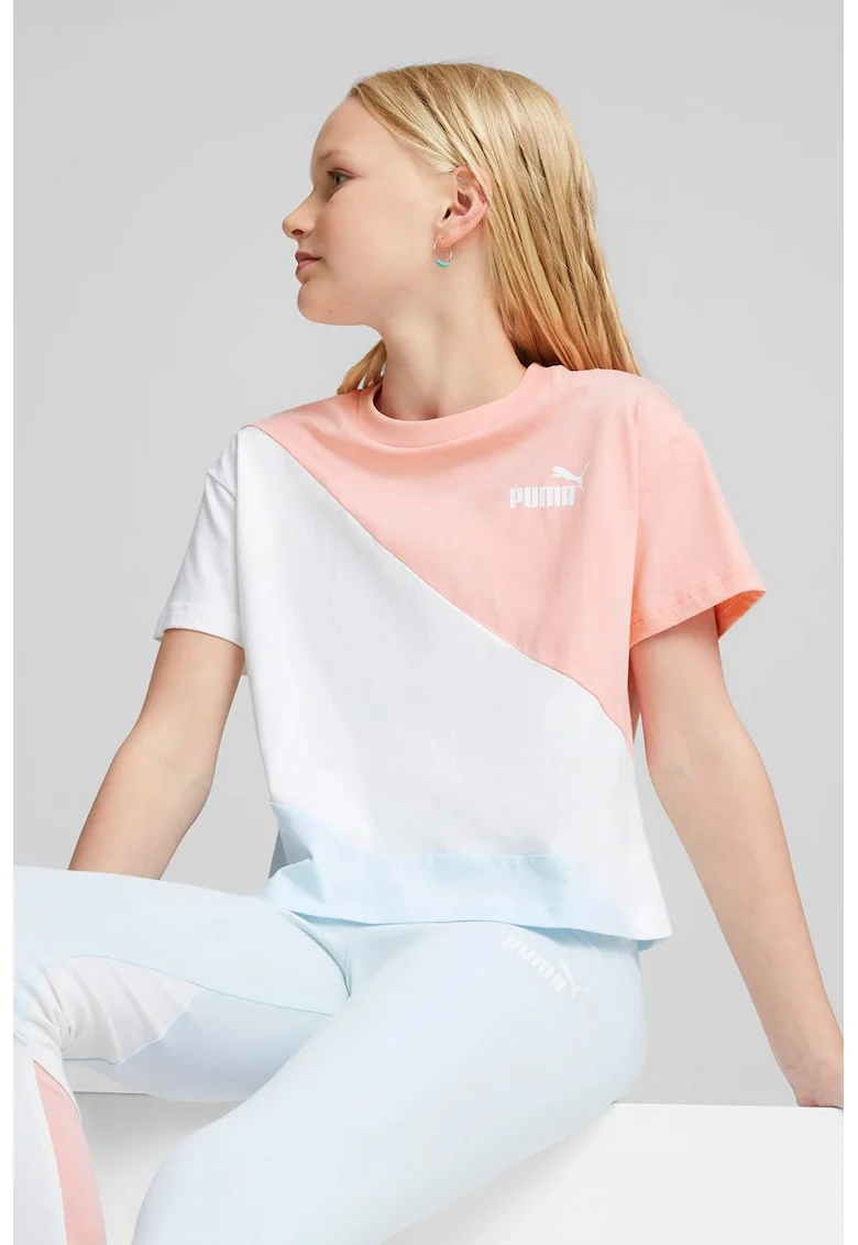 Tricou cu model colorblock si logo, Alb/Albastru glaciar/Roz