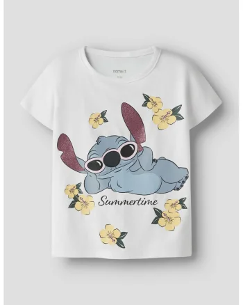 Tricou cu imprimeu Stitch, Alb optic/Albastru stins