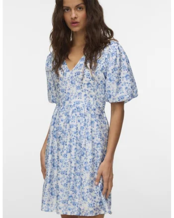 Rochie evazata cu imprimeu floral, Alb/Albastru