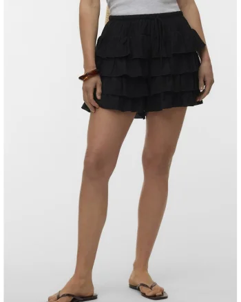 Pantaloni scurti cu model stratificat si volane, Negru