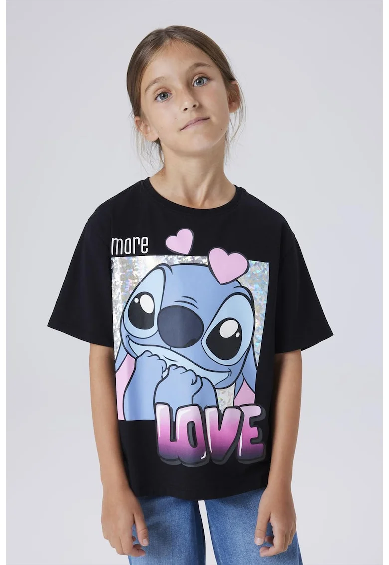 Tricou lejer cu imprimeu Stitch, Negru/Roz/Albastru deschis