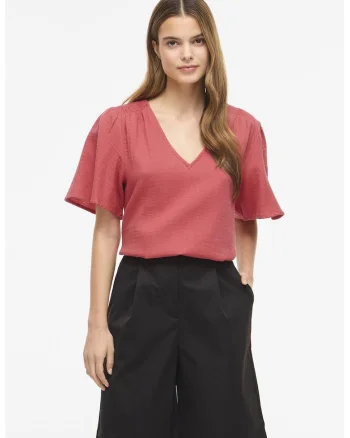 Tricou lejer din bumbac organic cu decolteu in V, Coral