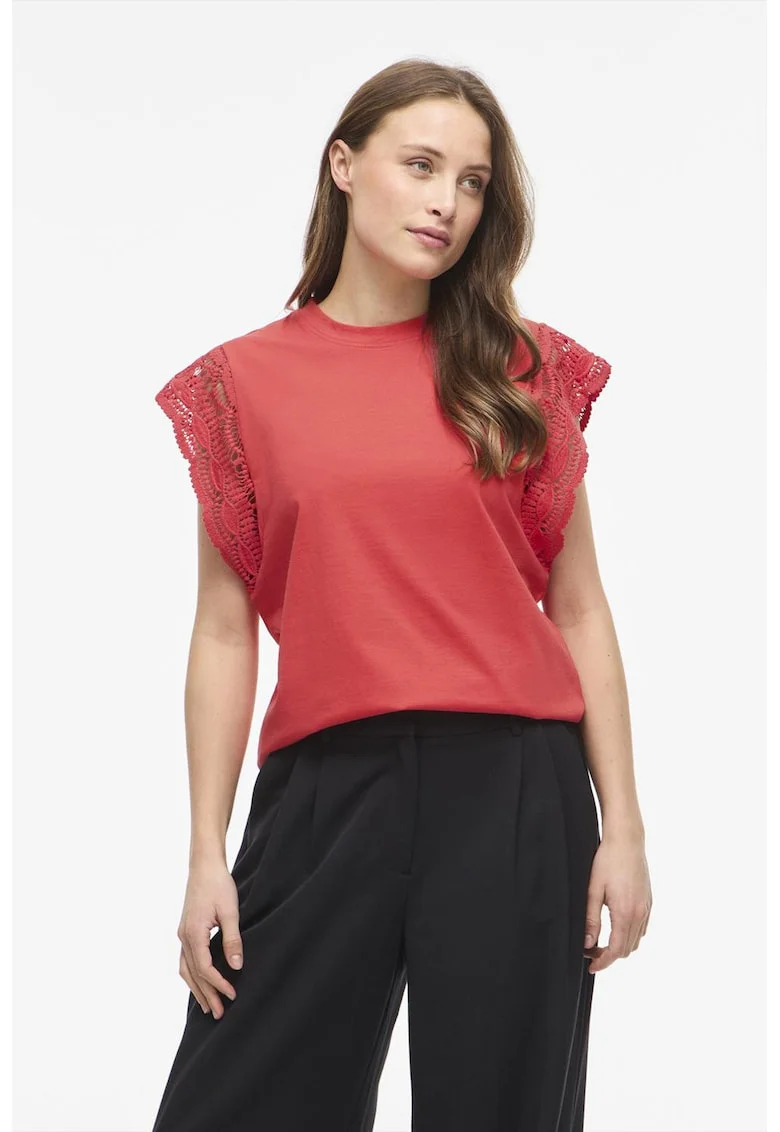 Tricou din bumbac organic cu maneci crosetate, Coral