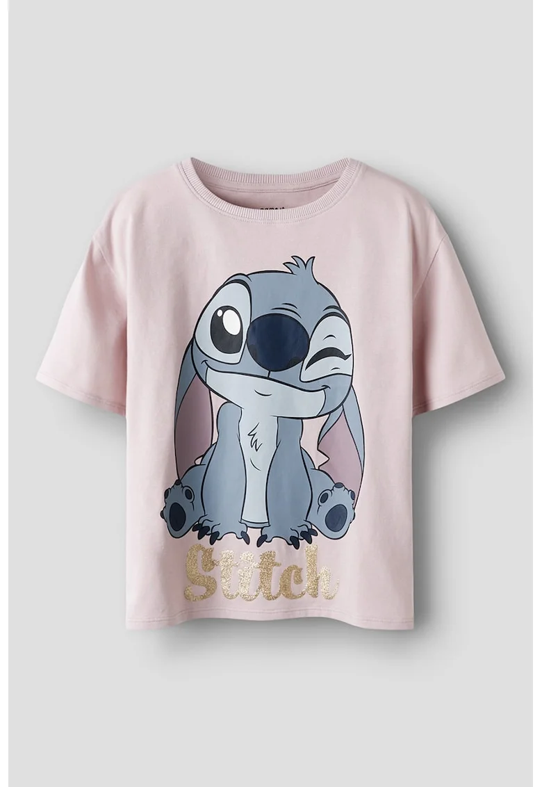Tricou din amestec de bumbac cu imprimeu Stitch, Roz pal/Albastru deschis