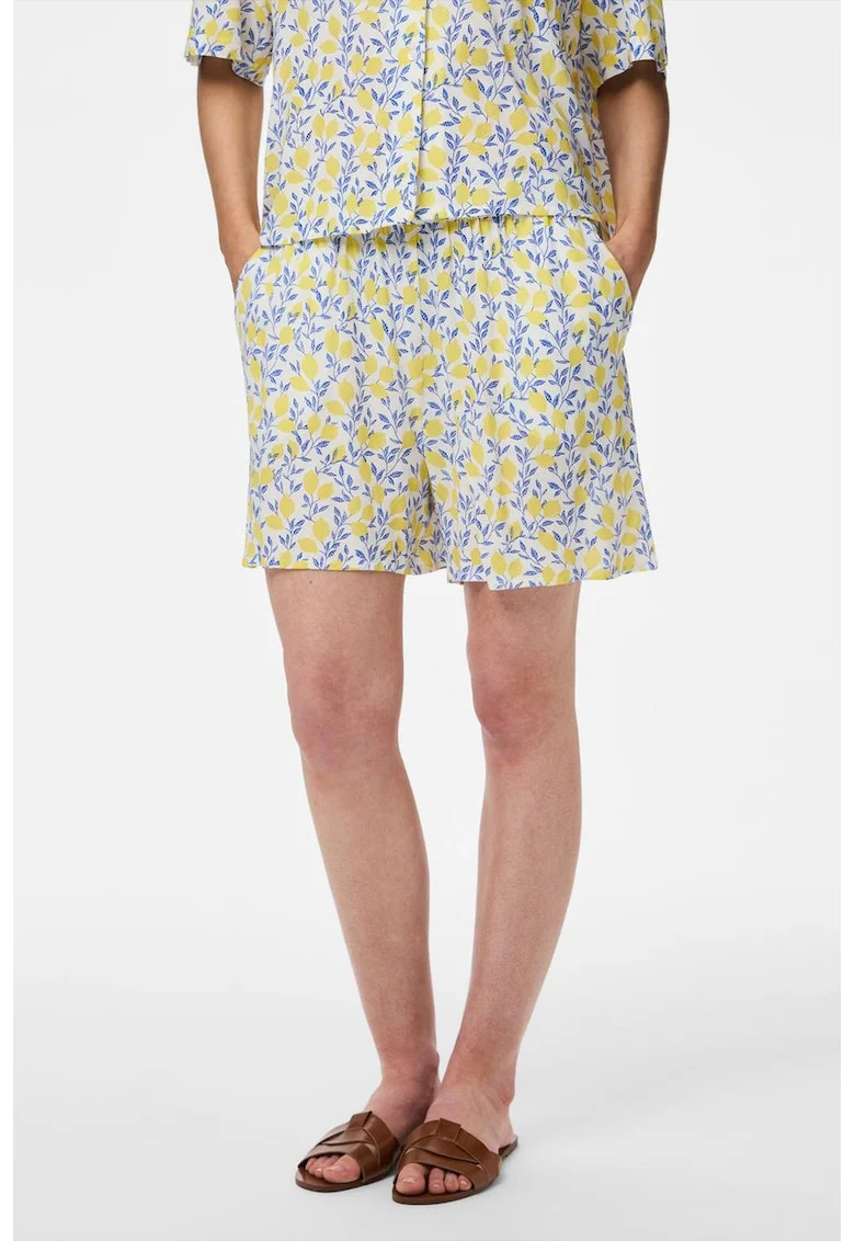 Pantaloni scurti cu imprimeu lamaie, Alb/Galben/Albastru