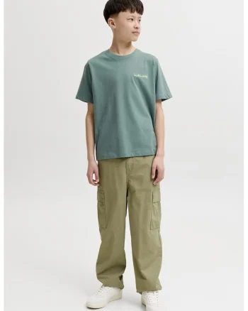 Tricou din bumbac cu decolteu la baza gatului si imprimeu pe partea din spate, Alb/Gri verzui
