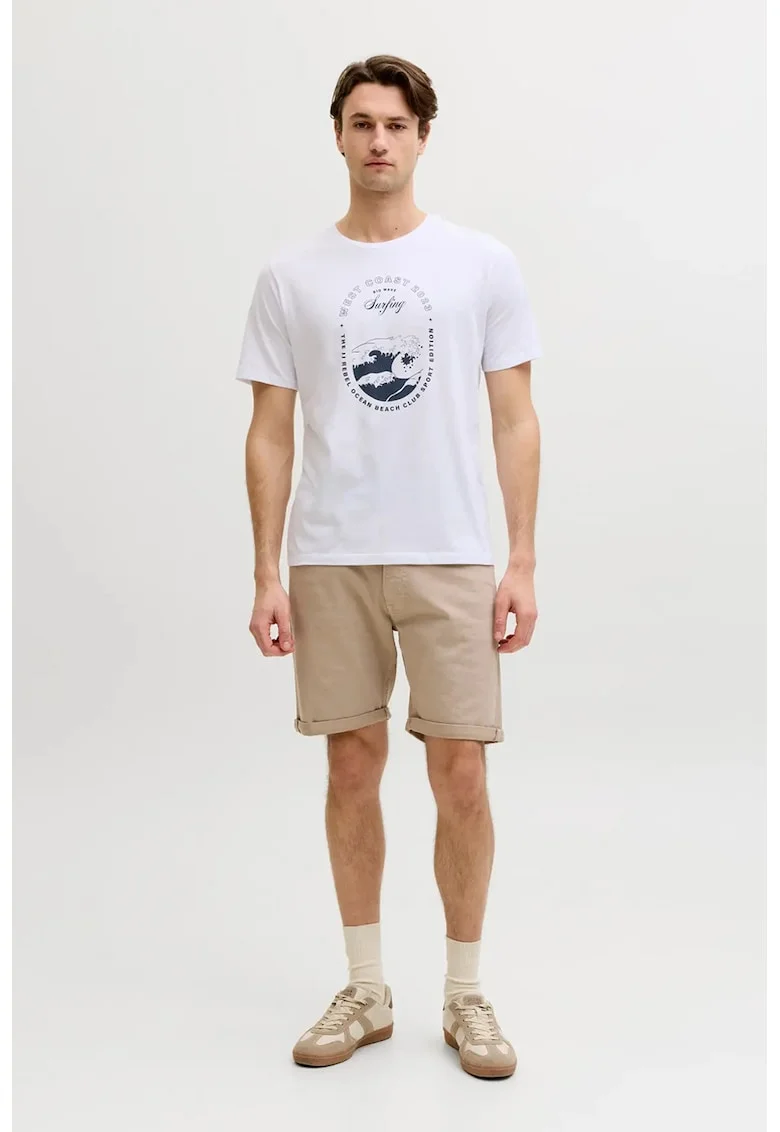 Tricou cu decolteu la baza gatului si imprimeu grafic, Albastru ultramarin/Alb optic
