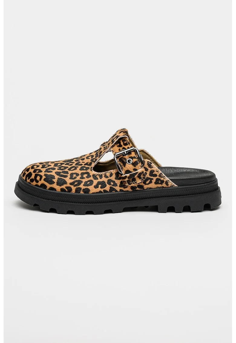 Saboti din piele intoarsa cu model animal print Denelite Pyla, Negru/Caramel