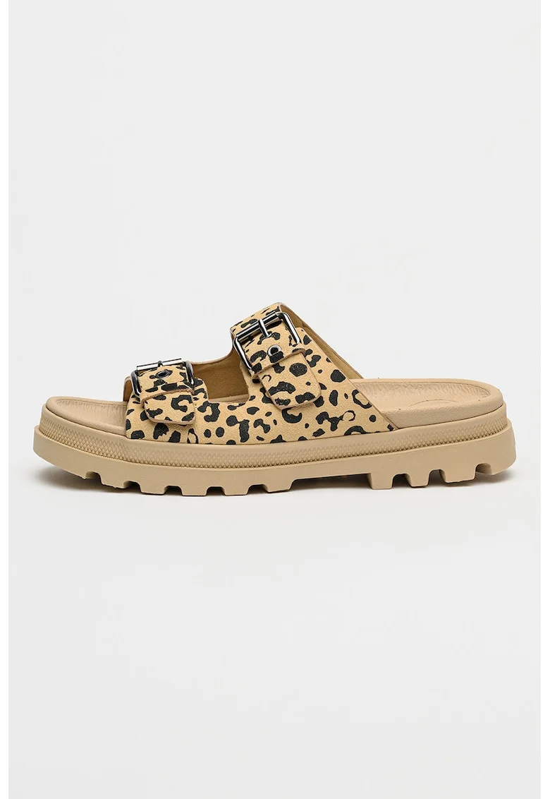 Papuci din piele intoarsa cu model animal print Dunelyte Pyla, Negru/Maro nisip