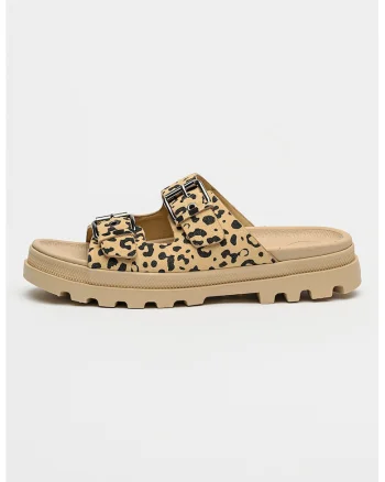 Papuci din piele intoarsa cu model animal print Dunelyte Pyla, Negru/Maro nisip