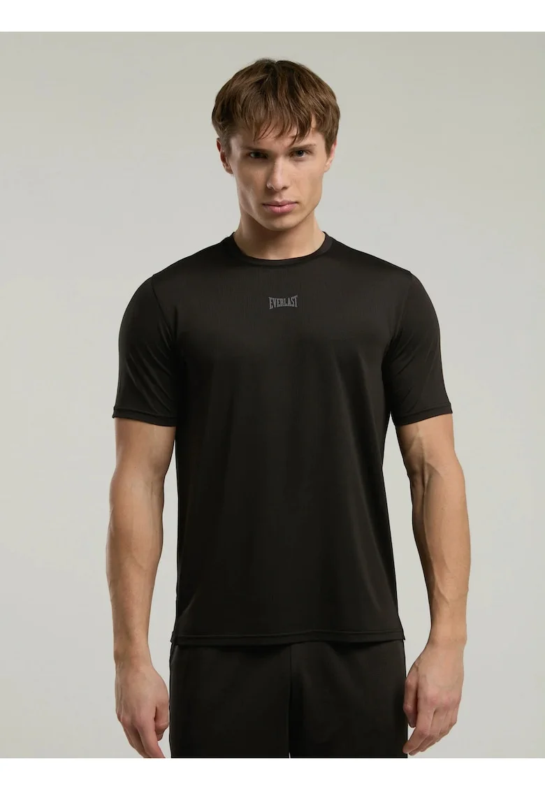 Tricou din amestec de bumbac cu decolteu la baza gatului, Negru