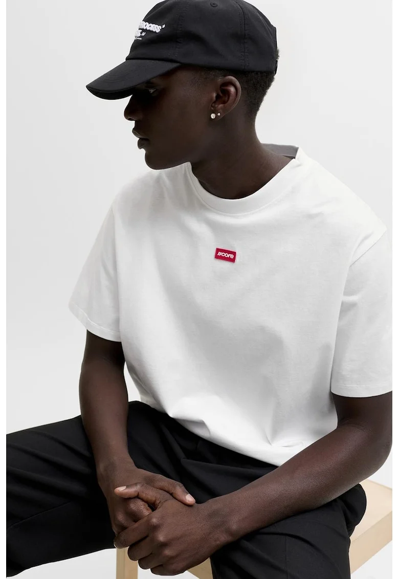 Tricou din bumbac cu decolteu la baza gatului si imprimeu logo discret, Alb optic