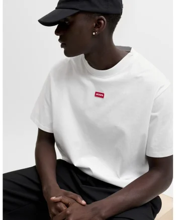Tricou din bumbac cu decolteu la baza gatului si imprimeu logo discret, Alb optic