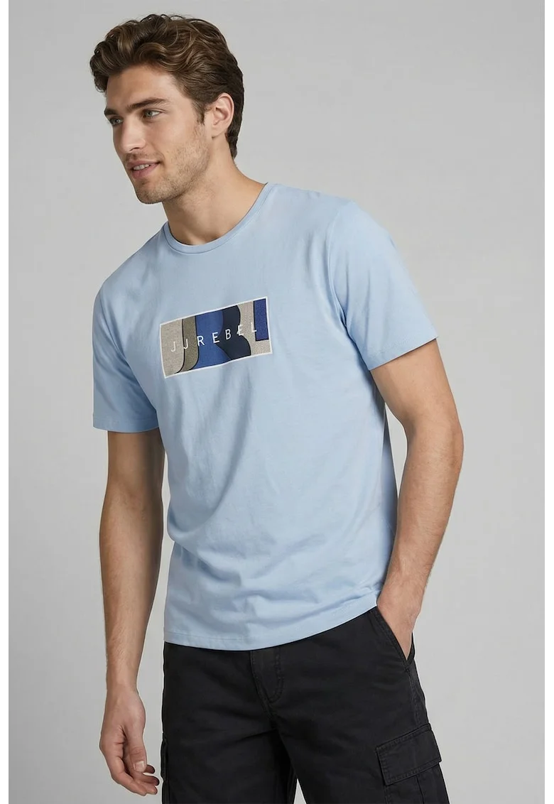 Tricou din bumbac cu decolteu la baza gatului si imprimeu logo, Albastru deschis