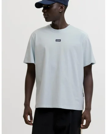 Tricou din bumbac cu decolteu la baza gatului si imprimeu logo discret, Albastru pal